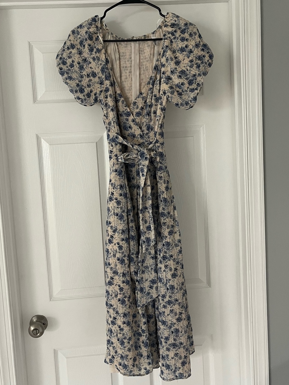 Floral Wrap Midi Dress in Cream and Blue